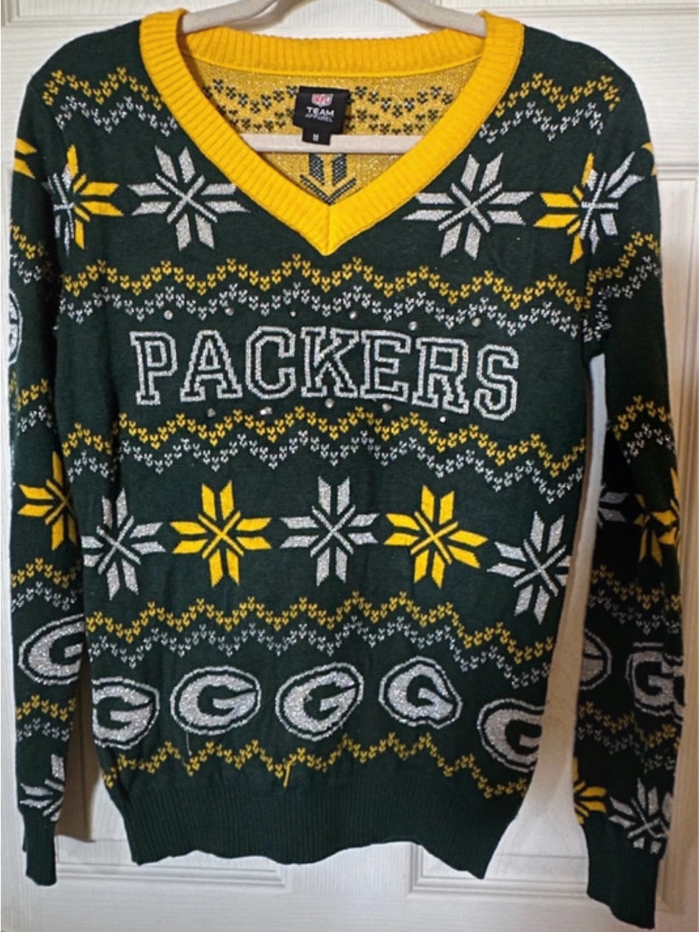 NFL Green and Yellow V‑Neck Packers Sweater
